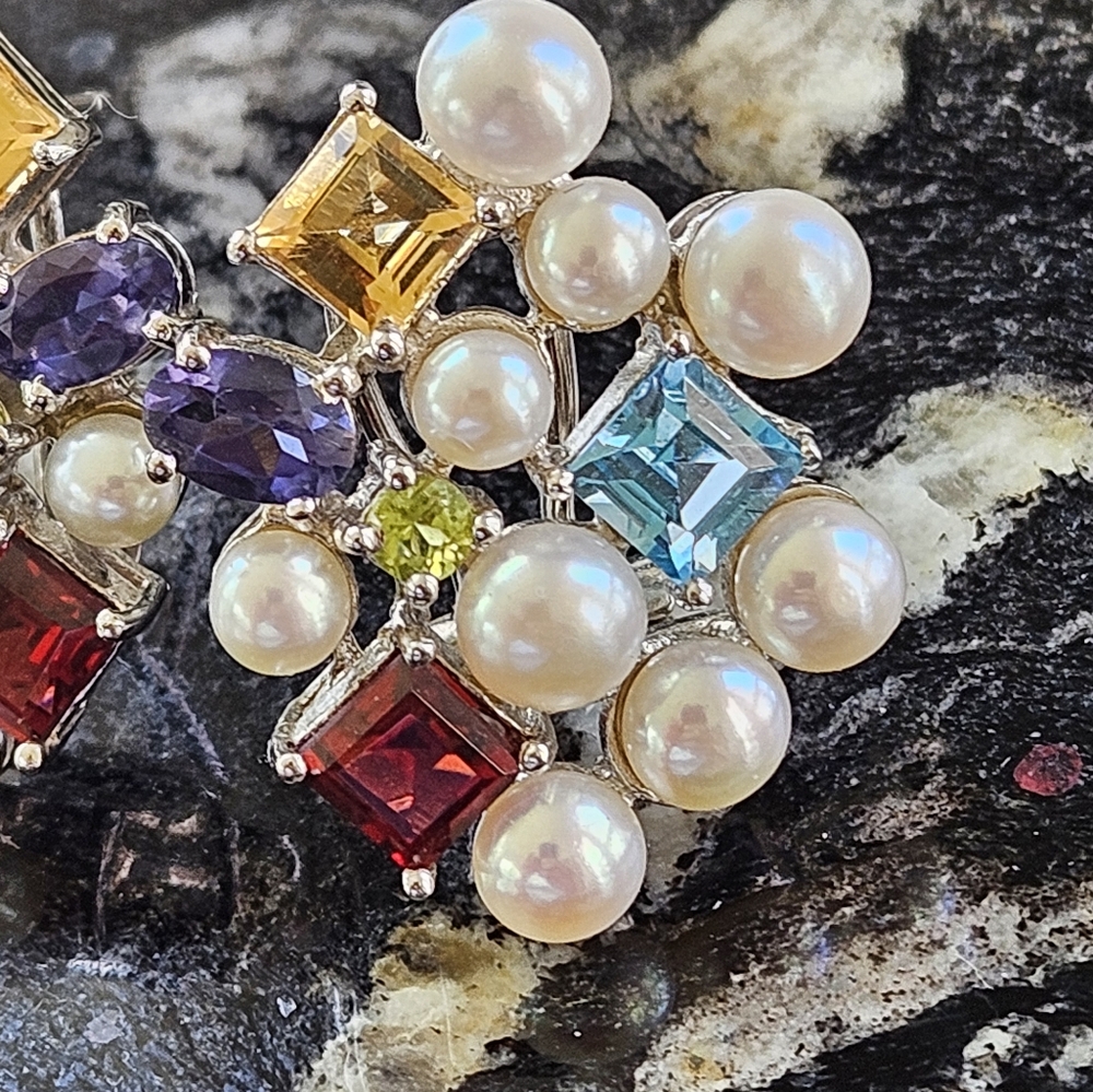 Rare Vintage Ross Simons Pearl & Gemstones Pierced Earrings - Picture 2 of 6